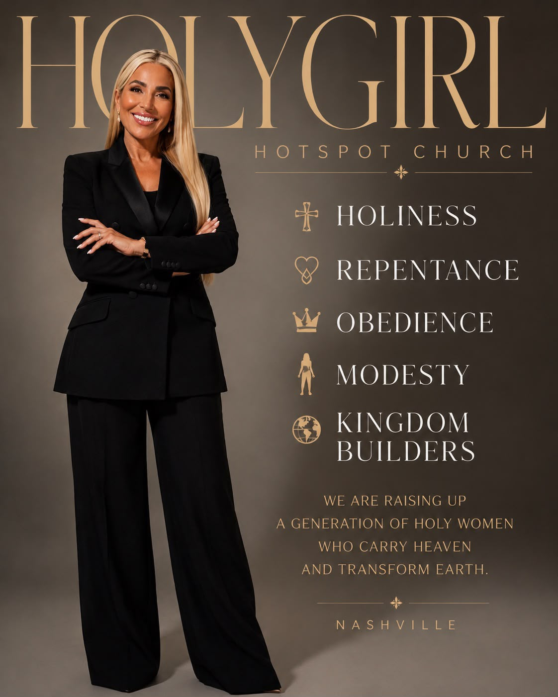 HolyGirl Hotspot poster of Pastor Angela Agia with the church values: holiness, repentance, obedience, modesty and kingdom builders